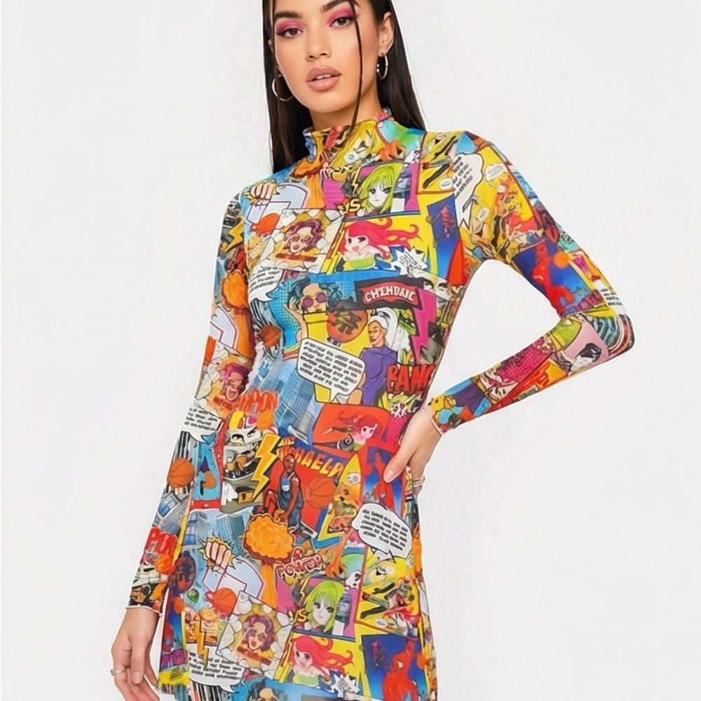 Jaded London White Tag Multicolor Comic Print dress